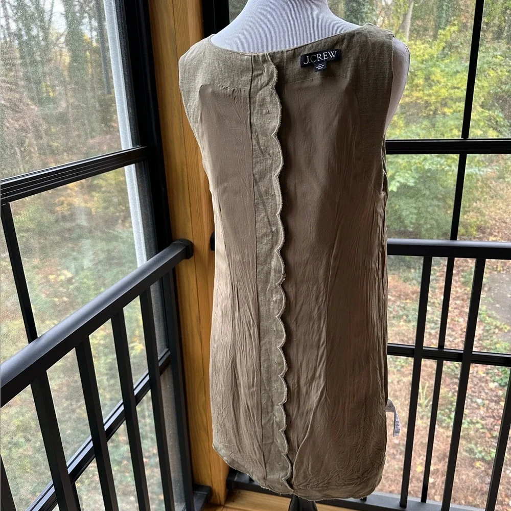 Feminine Minimalist Linen Scalloped Button-Back Neutral Tan Khaki Shift Dress~XS